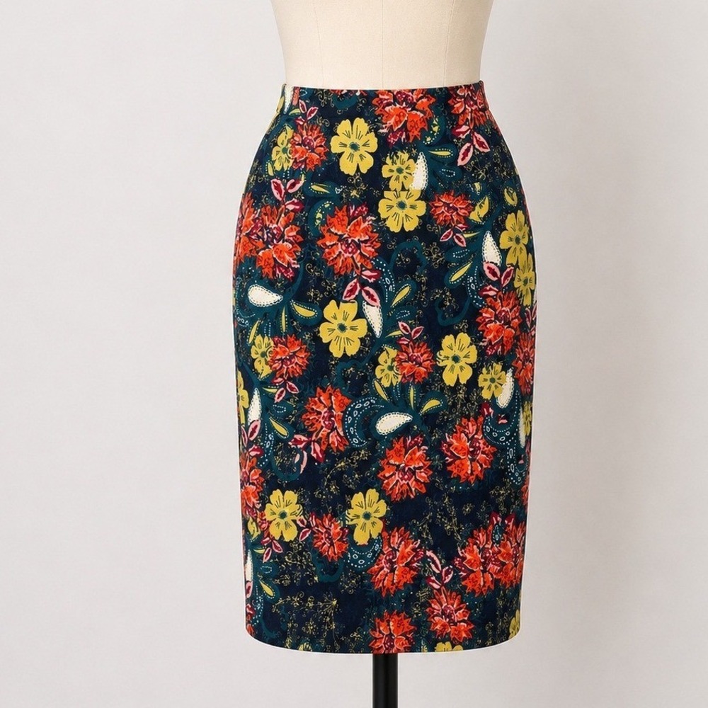 LuLaRoe Cassie Pencil Skirt XL NWT Floral Paisley Navy Red Yellow Stretch Midi